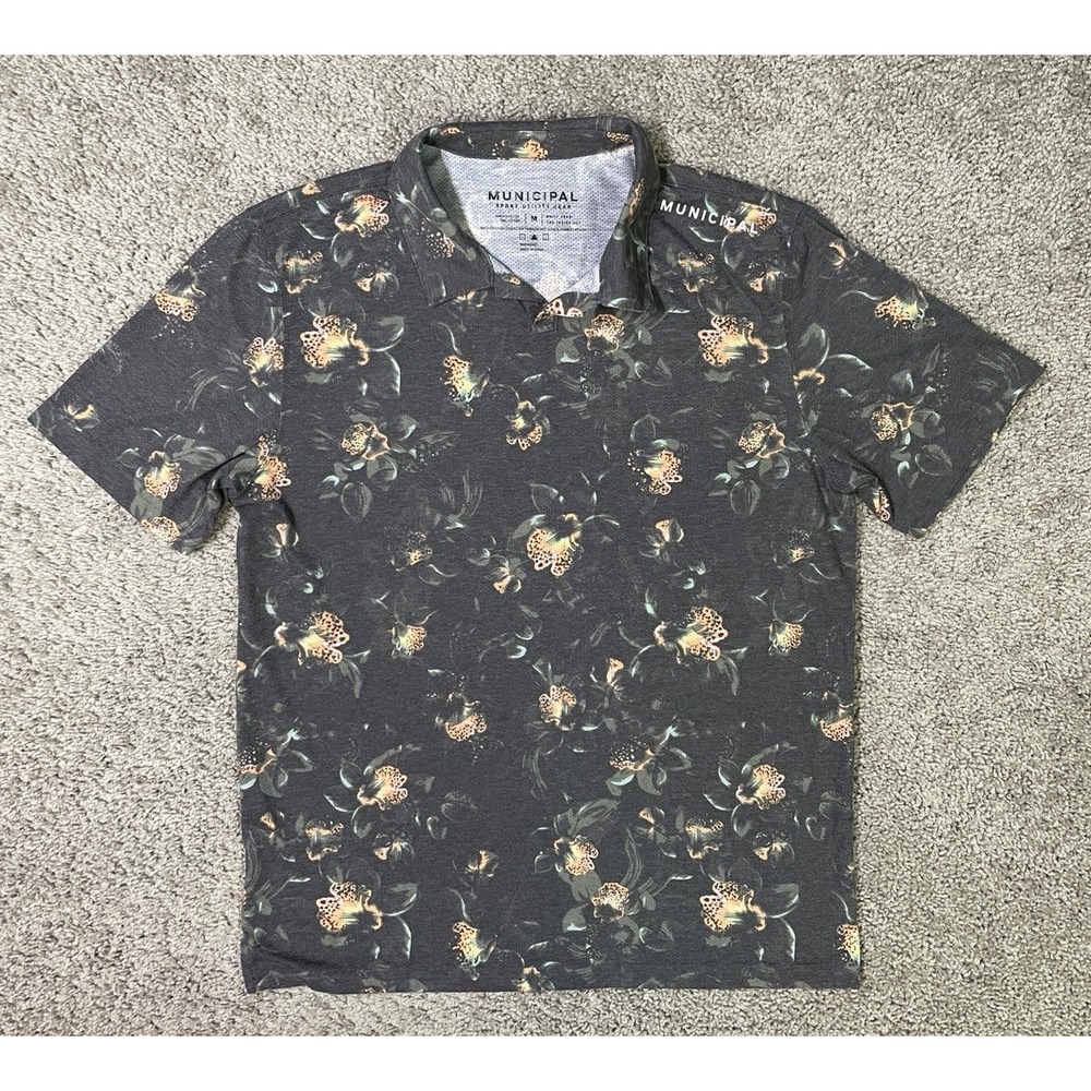 Municipal Polo Shirt Mens Medium Gray Floral Performance Sport Utility Gear Golf